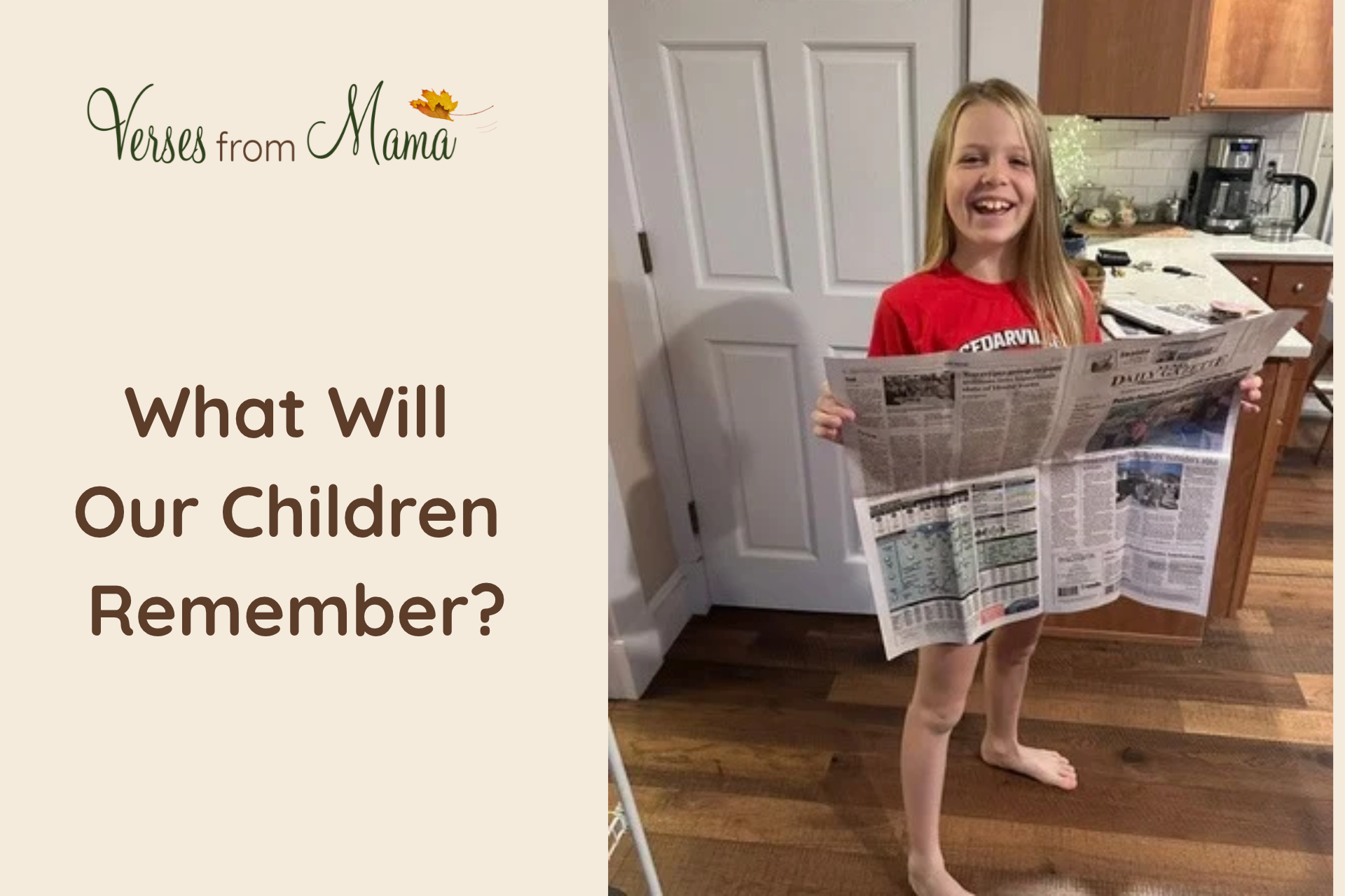 Ruby smiles while holding an open newspaper, illustrating how teaching children about God can begin with everyday conversations.